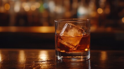 A glass of whiskey with a large ice cube, resting on a dark wooden bar, highlighting the amber glow of the liquid