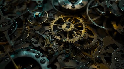 Intricate dismantled mechanical watch with detailed gears and springs on dark background, symbolizing precision and complexity in teardown analysis.