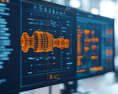Close-up of a digital turbine engine model on a computer screen, showcasing detailed engineering design and vibrant graphics.