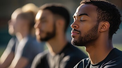 A group of athletes practicing deep breathing exercises as part of their mental health routine in sports