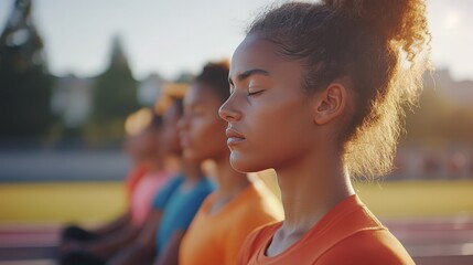 A group of athletes practicing deep breathing exercises as part of their mental health routine in sports