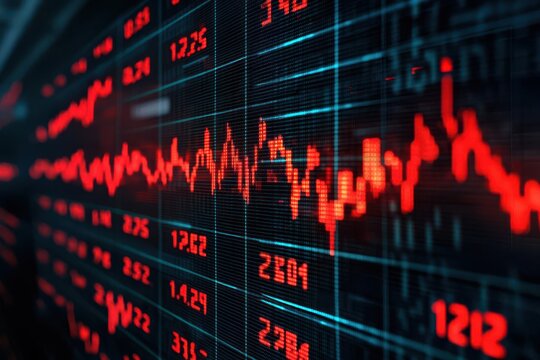 Red alarm lights flashing on a digital stock board showing a market crash, with traders running away