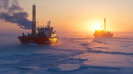 Fototapeta premium Two large oil tankers are in the water, one of which is on fire