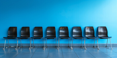 Fototapeta premium Empty black chairs lined up against blue wall in waiting room