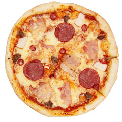 Slice of salami pizza isolated on a white background. Sliced pizza overhead view.
