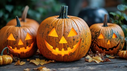 Three beautifully carved pumpkins with glowing faces, placed on a wooden surface surrounded by autumn leaves, creating a festive Halloween ambiance
