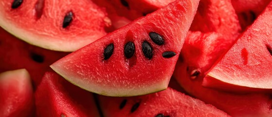 Fresh and juicy watermelon slices with vibrant red flesh and black seeds, perfect for summer enjoyment and healthy snacking.