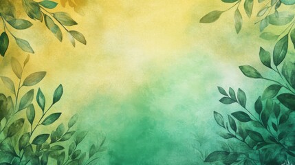 A watercolor background with a gradient of greens and yellows, featuring abstract leaves in the foreground