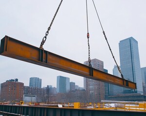 Obraz premium Steel beam being lifted on a construction site with a city skyline in the background, showcasing urban development.