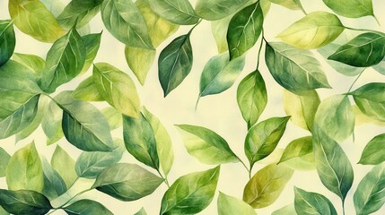 Obraz premium A watercolor background with a gradient of greens and yellows, featuring abstract leaves in the foreground