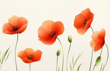 Fototapeta premium Delicate watercolor poppies with minimal details, soft red petals on a light cream background, seamless pattern