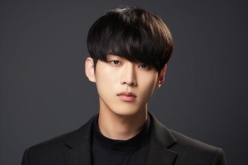 A striking portrait of a handsome Korean man with soft, tousled fringes, wearing a high-fashion coat.fringes sweeping across his forehead, glowing skin, and soft brown eyes.