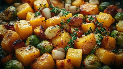 A rustic dish of roasted butternut squash and Brussels sprouts with garlic and fresh thyme, captured in soft natural light. The caramelized edges of the vegetables shine,