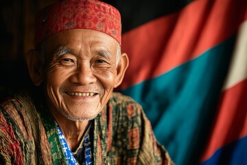 Fototapeta premium A joyful elderly man in a red cap and ethnic attire smiles warmly, representing cultural affinity and wisdom in a setting rich with colorful textiles.