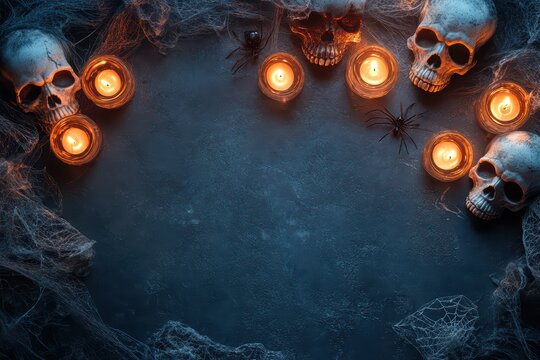 Spooky Halloween festive scene featuring skulls, candles, and spider decoration on dark textured background.