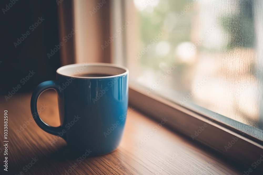 Poster a blue mug filled with hot coffee sits by a window, with warm sunlight streaming through and casting