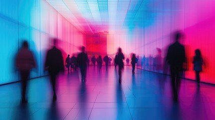 A back view of blurred people walking in a vibrant, high-tech environment with colorful lighting.