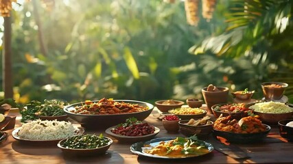 Indian-style feast spread out on a rustic wooden table, with traditional dishes like biryani and kachori buns arranged artistically. The background is adorned with lush greenery to highlight