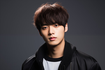 A striking portrait of a handsome Korean man with soft, tousled fringes, wearing a high-fashion coat.fringes sweeping across his forehead, glowing skin, and soft brown eyes.