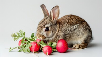 Fototapeta premium Adorable rabbit bunny foraging and snacking on fresh organic strawberries amidst a lush verdant garden setting with green foliage and leaves in the background Tranquil