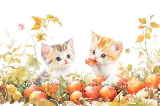 Two adorable kittens play among colorful apples in a lush autumn setting, capturing the essence of playfulness and nature's beauty.