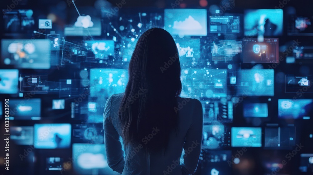 Aufkleber a woman is looking at a computer screen with many different screens