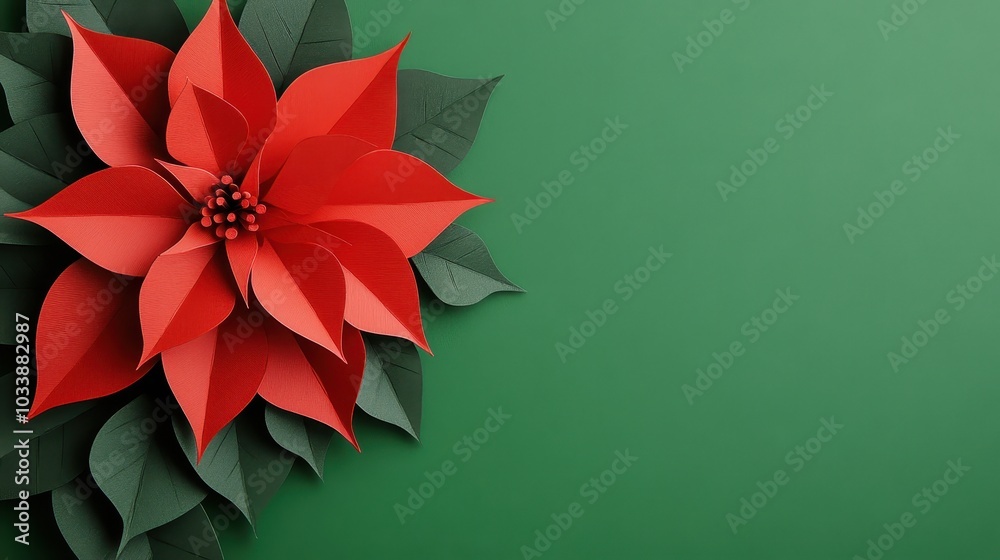Fototapete paper cut style pattern of a red poinsettia flower with copy space on a green background for christm