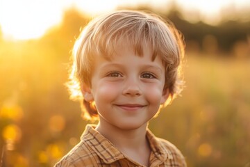 A young boy with a bright smile stands in a sunlit field, embodying joy and innocence, with warm golden hues evoking a sense of nostalgia and happiness.