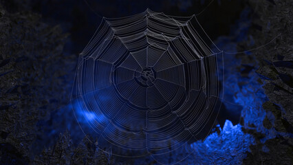 The blue light illuminating the spider web adds a touch of eeriness to the scene, emphasizing the intricate details of the web and the dark, foreboding atmosphere of the cave, Halloween background