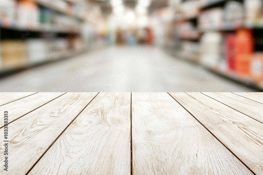 Poster empty white wooden table top on blurred supermarket background for product display
