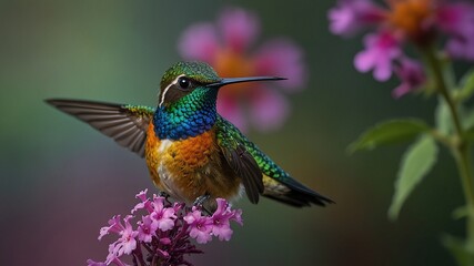 Fototapeta premium Goldentailed Sapphire Hummingbird Perched on Verbena Flower with Tail Feathers Displayed