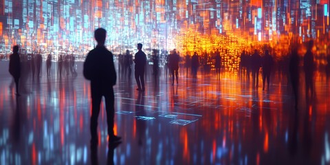 A vibrant scene of blurred figures at a high-tech exhibition showcasing colorful lights and digital displays.