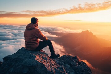 A serene photo showing a man seated on a rocky mountain peak, surrounded by clouds at twilight, embodying solitude and deep contemplation amidst natural beauty.