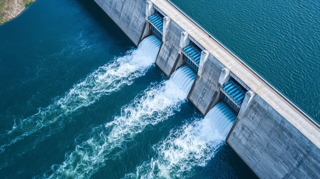 Aerial view of a modern dam, showcasing water flow and engineering marvel.
