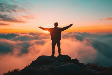 Fototapeta premium A lone silhouette of a man stands triumphantly atop a rock, enveloped in a sea of clouds during a vibrant sunset, epitomizing hope and limitless possibilities.