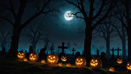 Halloween Night Silhouettes Among Tombstones