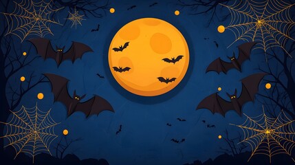 Fototapeta premium Halloween Night Sky with Full Moon, Bats, and Spider Webs - Spooky Background Illustration.