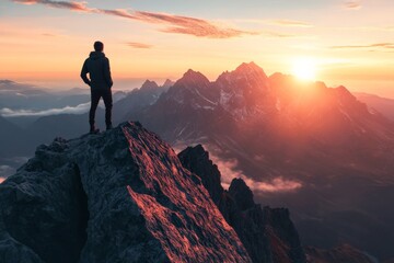 Fototapeta premium A hiker stands atop a rugged mountain, gazing out at the vast, sunlit panorama, signifying exploration, reflection, and the serene beauty of nature's wonders.