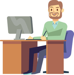 Male office worker. Cartoon work desk job