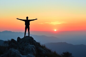 Fototapeta premium An individual stands with arms wide open on a rocky mountaintop, embracing the serene beauty of a sunrise over the horizon, capturing a moment of peace and wonder.
