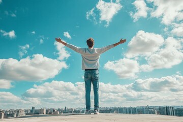 A person joyfully stands with arms spread wide against a city skyline backdrop under a vibrant blue sky filled with fluffy clouds, expressing openness and urban freedom.
