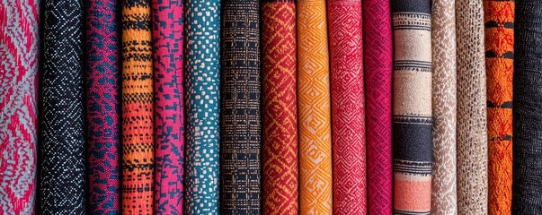 Obraz premium Colorful fabric patterns arranged in a neat, vibrant display, showcasing textile diversity.