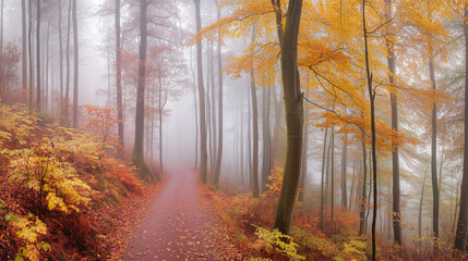 Obraz premium Foggy autumn forest with a winding path and trees displaying orange and yellow foliage. Peaceful misty landscape with vibrant fall colors. Design for poster, banner, or nature-related content
