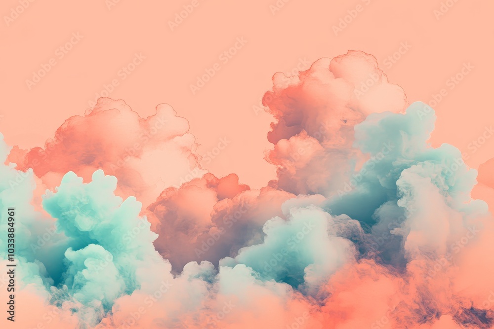 Poster a captivating blend of vibrant pastel clouds in soft pink and blue hues, creating a dreamy abstract 