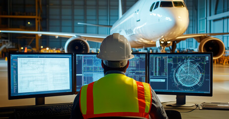 An engineer in a high-visibility vest and hard hat works on multiple screens displaying complex aircraft data in a hangar. A large airplane is parked in the background, representing aviation techno