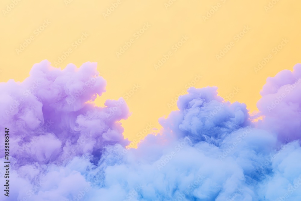 Poster soft pastel smoke clouds of lavender and cyan blend together against a contrasting golden backdrop, 