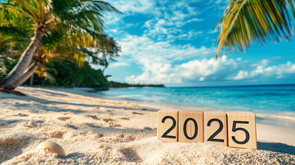 Wooden blocks displaying '2025' on a sandy tropical beach with palm trees and turquoise ocean under a clear blue sky. New Year celebration in a vacation paradise. Design for holiday, travel