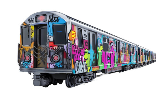 A subway train with graffiti on the side placed against a wall, transparent
