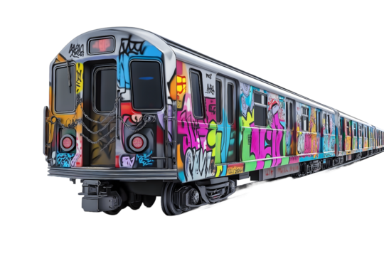 A subway train with graffiti on the side placed against a wall, transparent