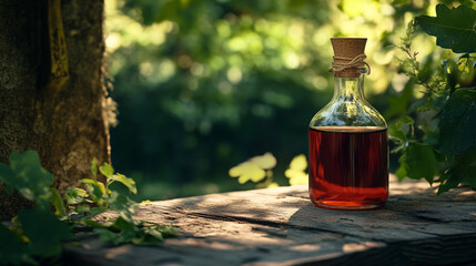 A glass bottle filled with amber liquid rests on a wooden surface surrounded by greenery